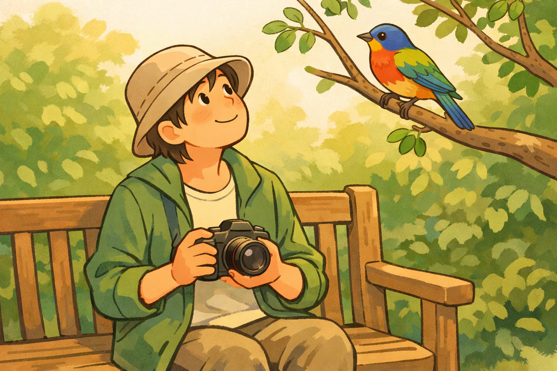 Person auf Gartenbank mit Kamera, schaut nach oben zu buntem Vogel auf einem Ast, umgeben von grüner Landschaft.