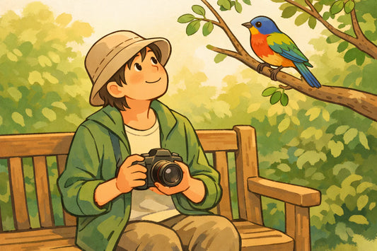 Person auf Gartenbank mit Kamera, schaut nach oben zu buntem Vogel auf einem Ast, umgeben von grüner Landschaft.