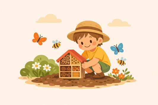 Fröhliches Kind platziert bunten Insektenhotel im Garten, umgeben von Schmetterlingen und Bienen in einer einladenden Atmosphäre.