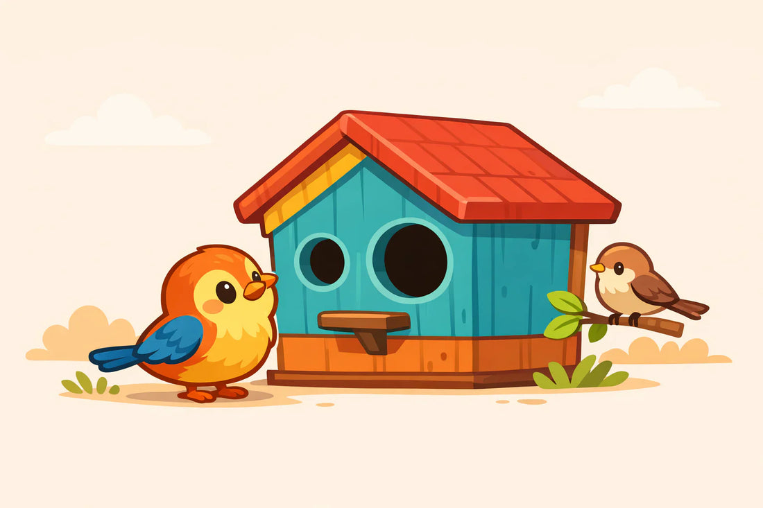Gemütliche, cartoonhafte Vogelhäuschen-Szene mit buntem Vogel, der neugierig die Eingänge betrachtet.