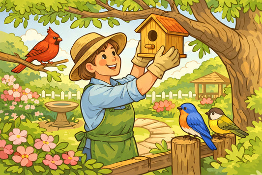 Ein freundlicher Mensch platziert ein Vogelhaus an einem Baum, während bunte Vögel neugierig zuschauen. Heller Garten.
