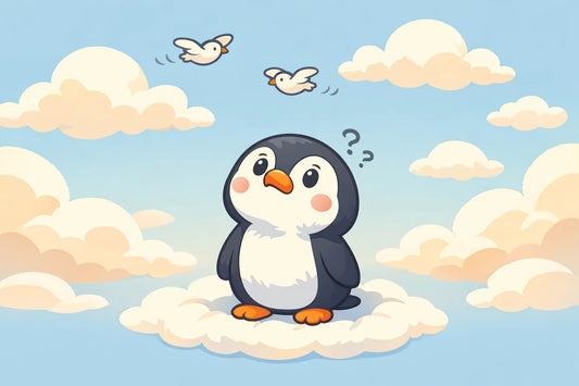 Niedlicher, cartoonartiger Pinguin blickt verwundert in den Himmel, umgeben von fluffigen Wolken in sanften Farben.