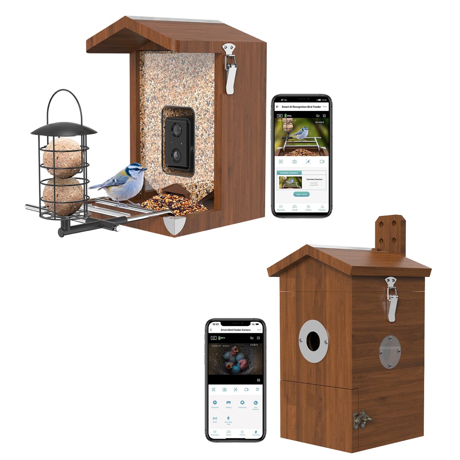 Vogelfutterhaus mit Kamera und Vogel Nistkasten mit Kamera im Überblick in Seitenansichten