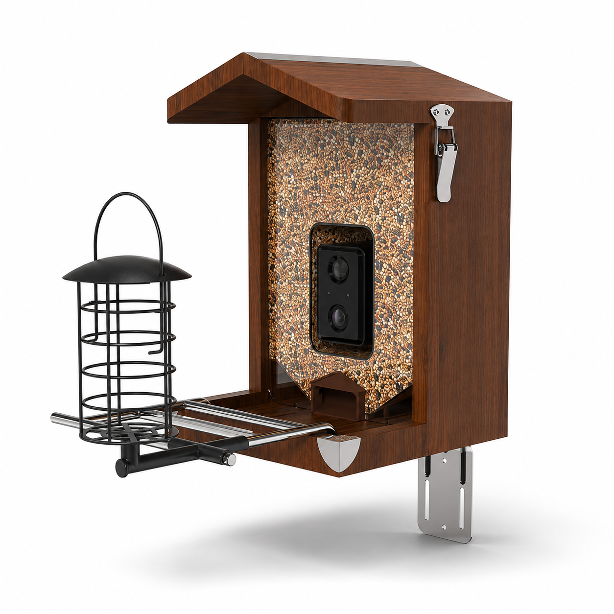 Holz-Vogelhaus mit transparentem Futterspeicher voller Samen, mittig integrierte Kamera mit zwei Objektiven, seitlicher Metall-Futtersilo und Montagehalterung