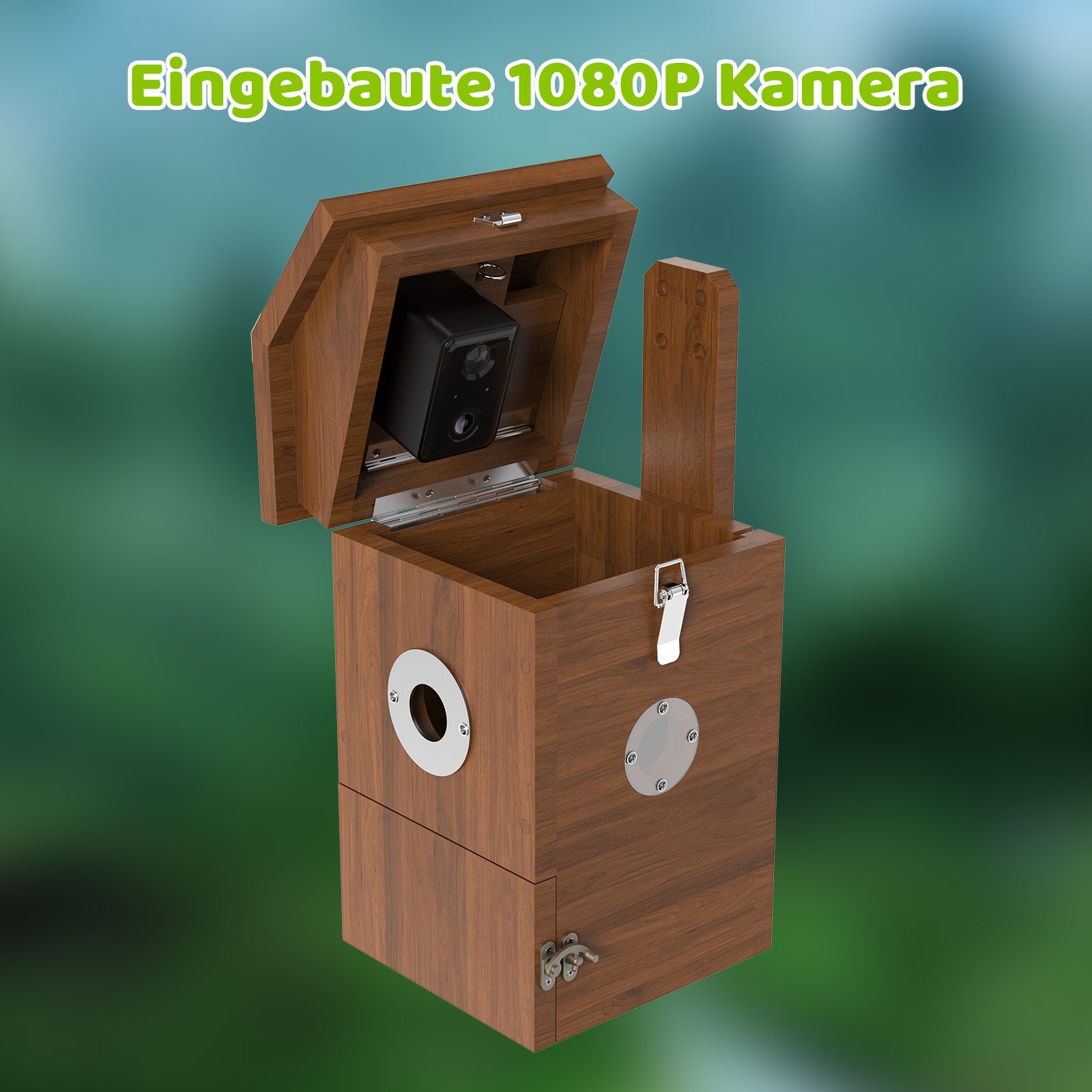 Holz-Vogelhaus mit aufklappbarem Deckel und eingebauter 1080p-Kamera, rundes Einflugloch und Metallbeschläge