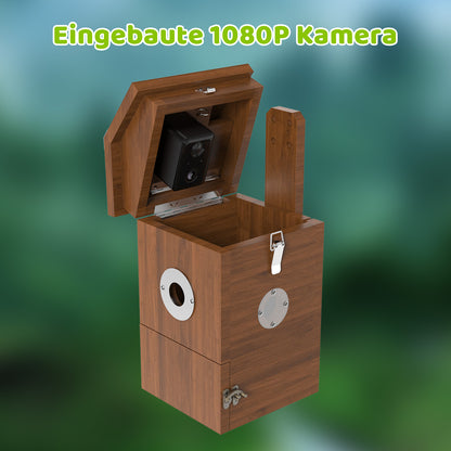 Holz-Vogelhaus mit aufklappbarem Deckel und eingebauter 1080p-Kamera, rundes Einflugloch und Metallbeschläge