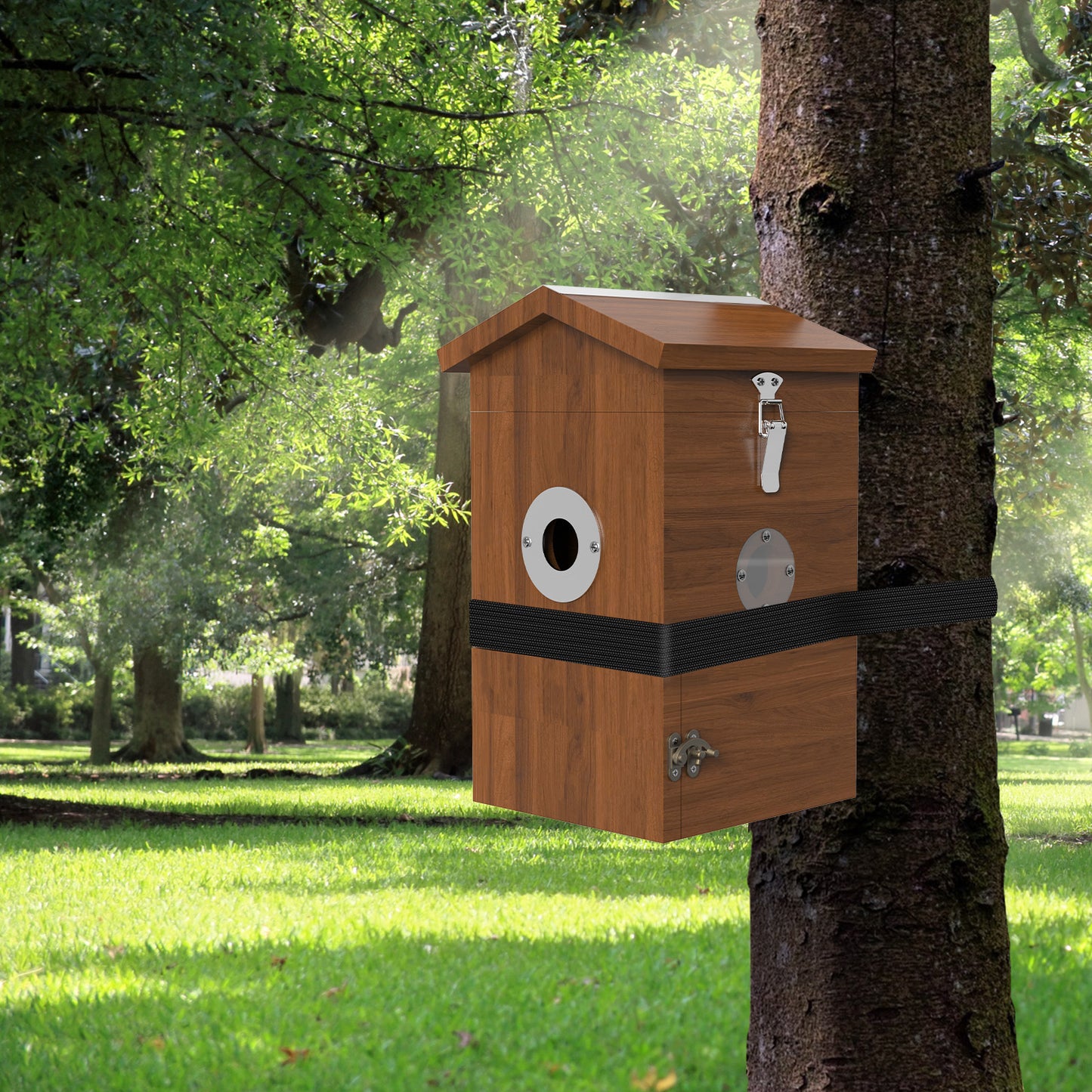 Holz-Vogelhaus mit rundem Einflugloch, Metallverschlüssen und integriertem Kamerafenster, mit schwarzem Befestigungsriemen an einem Baum in einem sonnigen Park