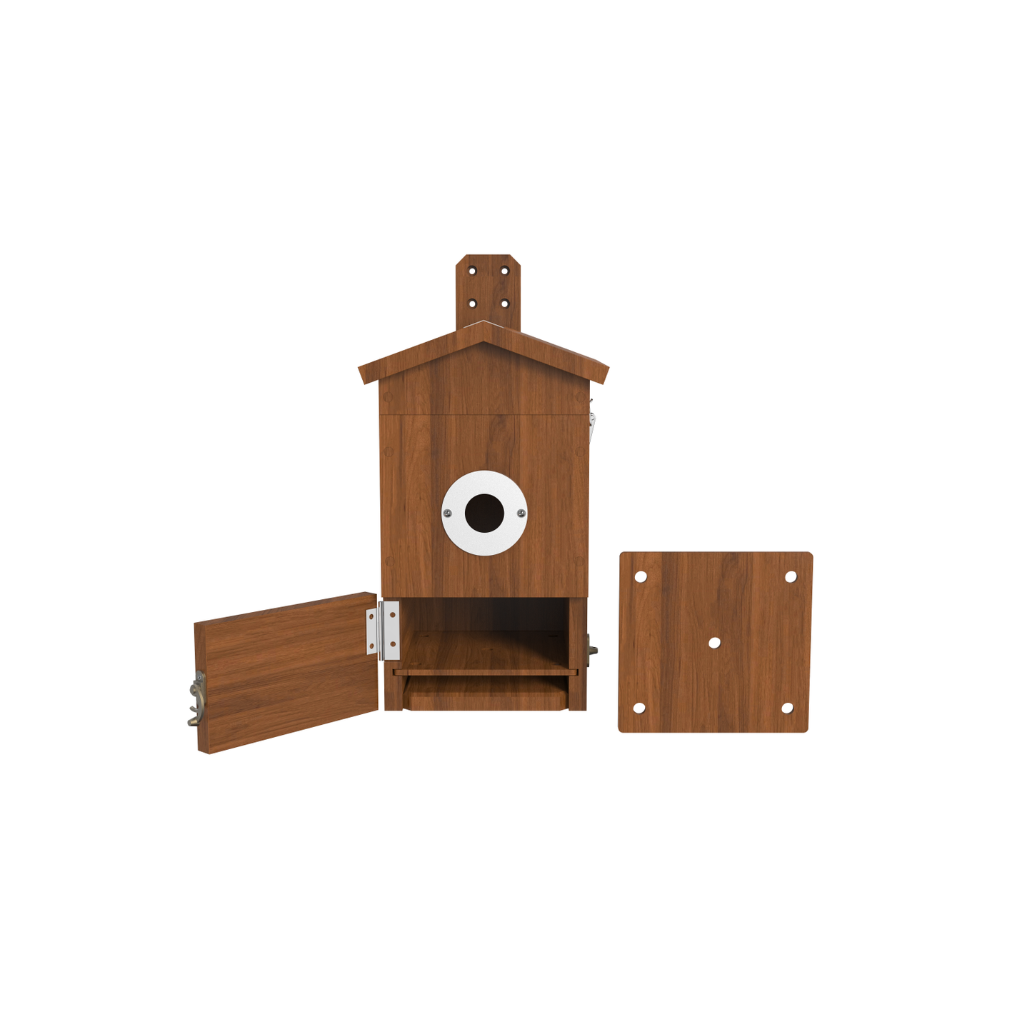 Holz-Vogelhaus mit integrierter Kameraöffnung (weißer Ring), geöffneter Seitentür links und abnehmbare Montageplatte rechts, braune Holzoptik
