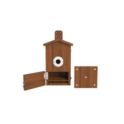 Holz-Vogelhaus mit integrierter Kameraöffnung (weißer Ring), geöffneter Seitentür links und abnehmbare Montageplatte rechts, braune Holzoptik
