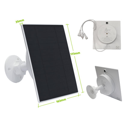 Solarmodul mit weißer Wandhalterung und Anschlusskabel, Vorder- und Rückansicht, Maße 163 × 173 × 35 mm