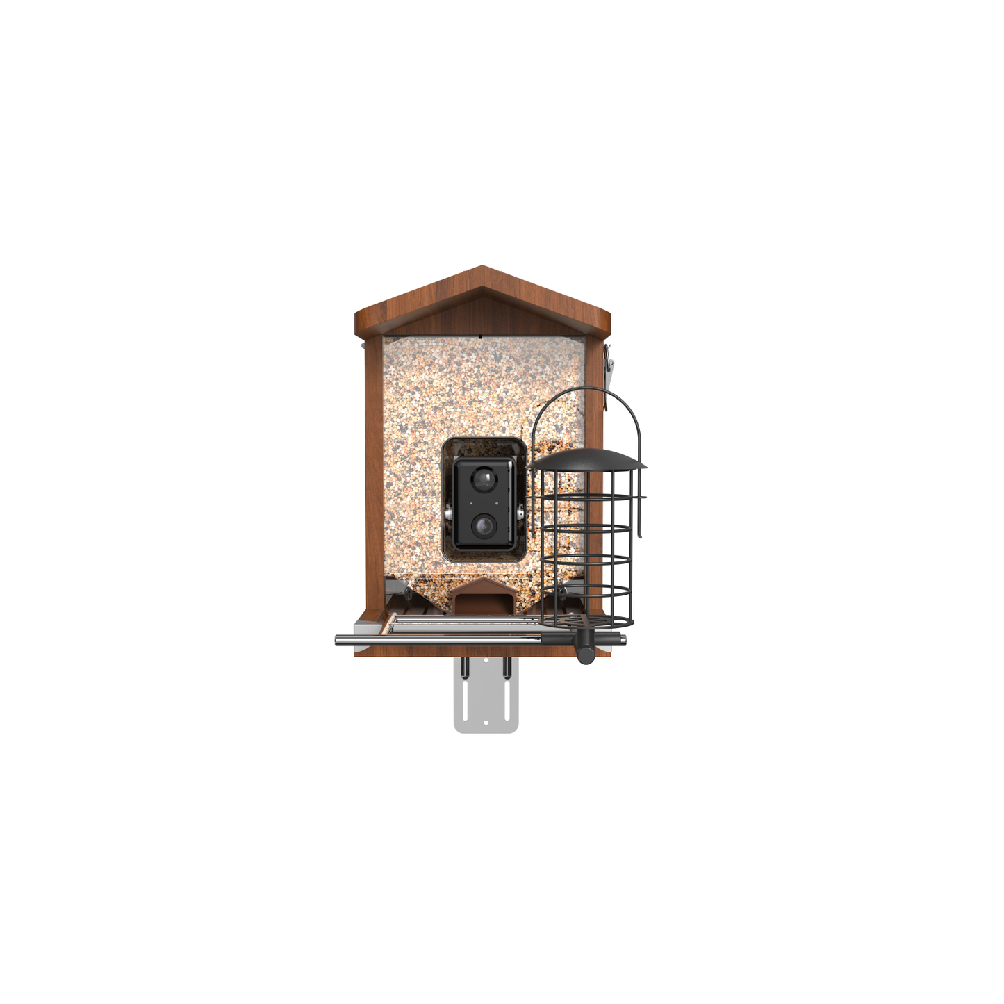 Holz-Vogelhaus mit transparentem Futterspeicher voller Samen, mittig integrierte Kamera mit zwei Objektiven, seitlicher Metall-Futtersilo und Montagehalterung