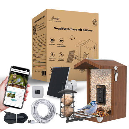 Holz-Vogelhaus mit eingebauter Kamera, Solarpanel, Montagehalter, USB-Kabel, Meisenknödelhalter, Verpackungskarton und Smartphone mit Live-Ansicht eines Vogels