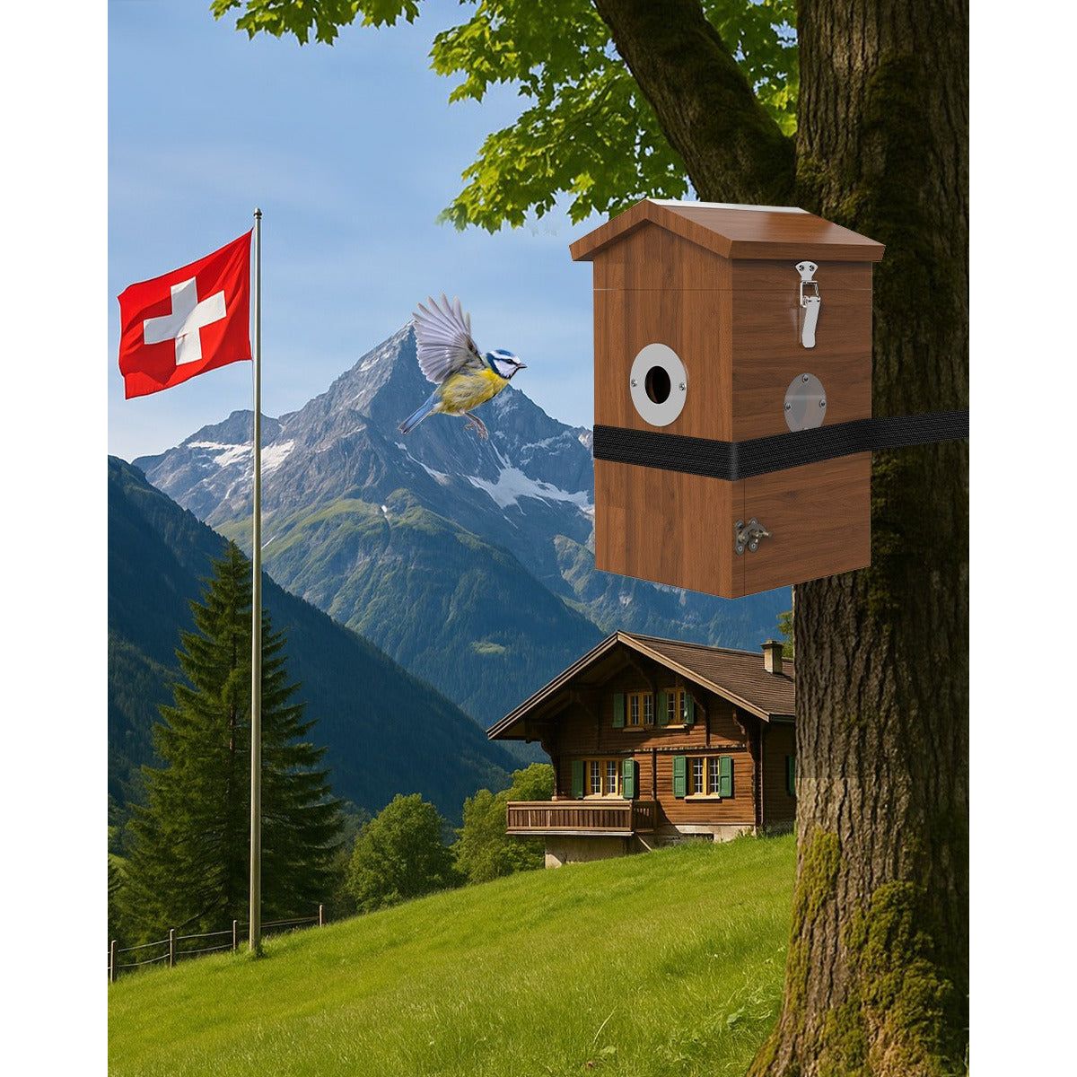Vogel Nistkasten hängt mit Baumgurt an einem Baum - Schöne Bergumgebung und Schweizer Flagge im Hintergrund