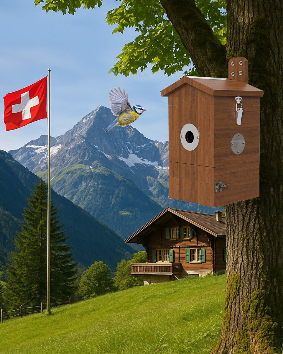 Vogel Nistkasten mit Kamera vor schönem Berghintergrund und Schweizer Flagge