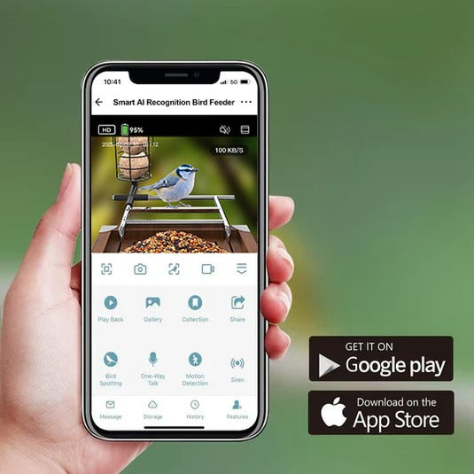 BirdLover App in der Front-Ansicht. Ein Vogel sitzt in der App auf dem Vogelfutterhaus