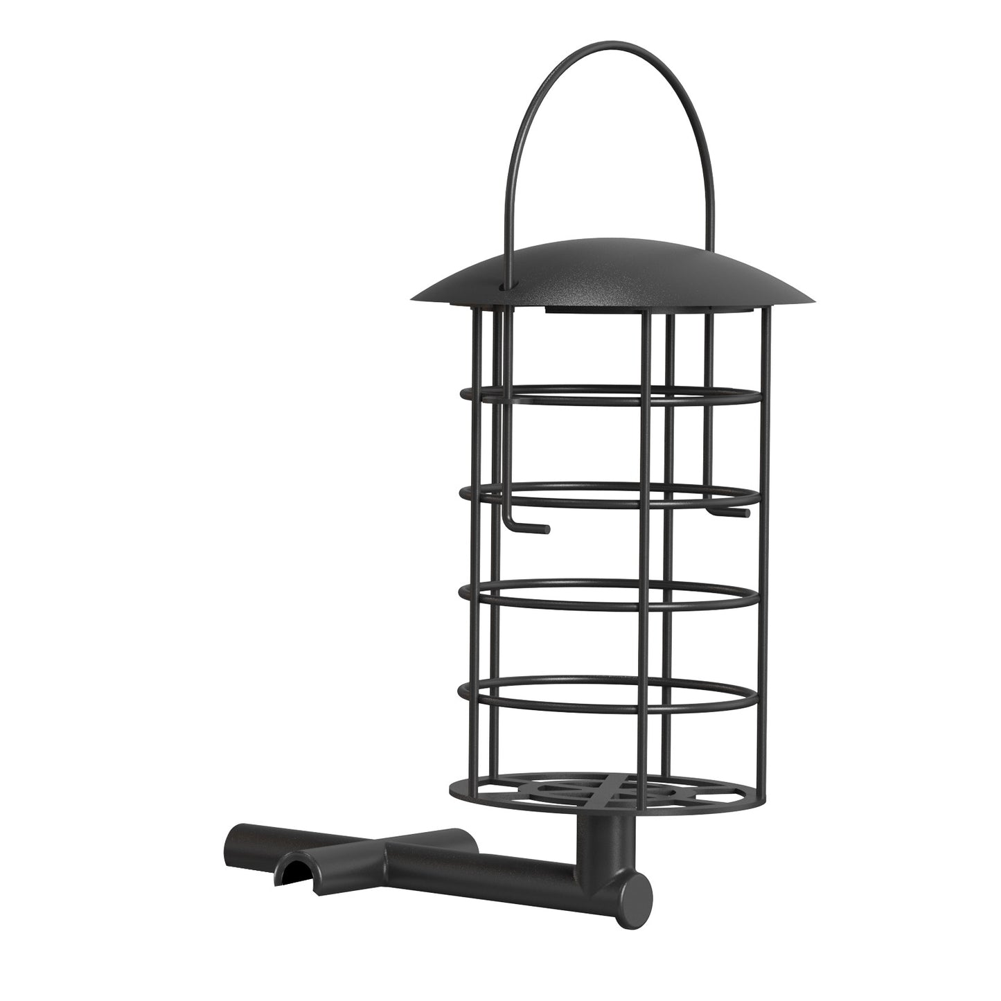Schwarzes Metall-Vogelfutterhaus mit zylindrischem Gitter, halbrundem Dach, Aufhängehaken und querliegender Futterstange