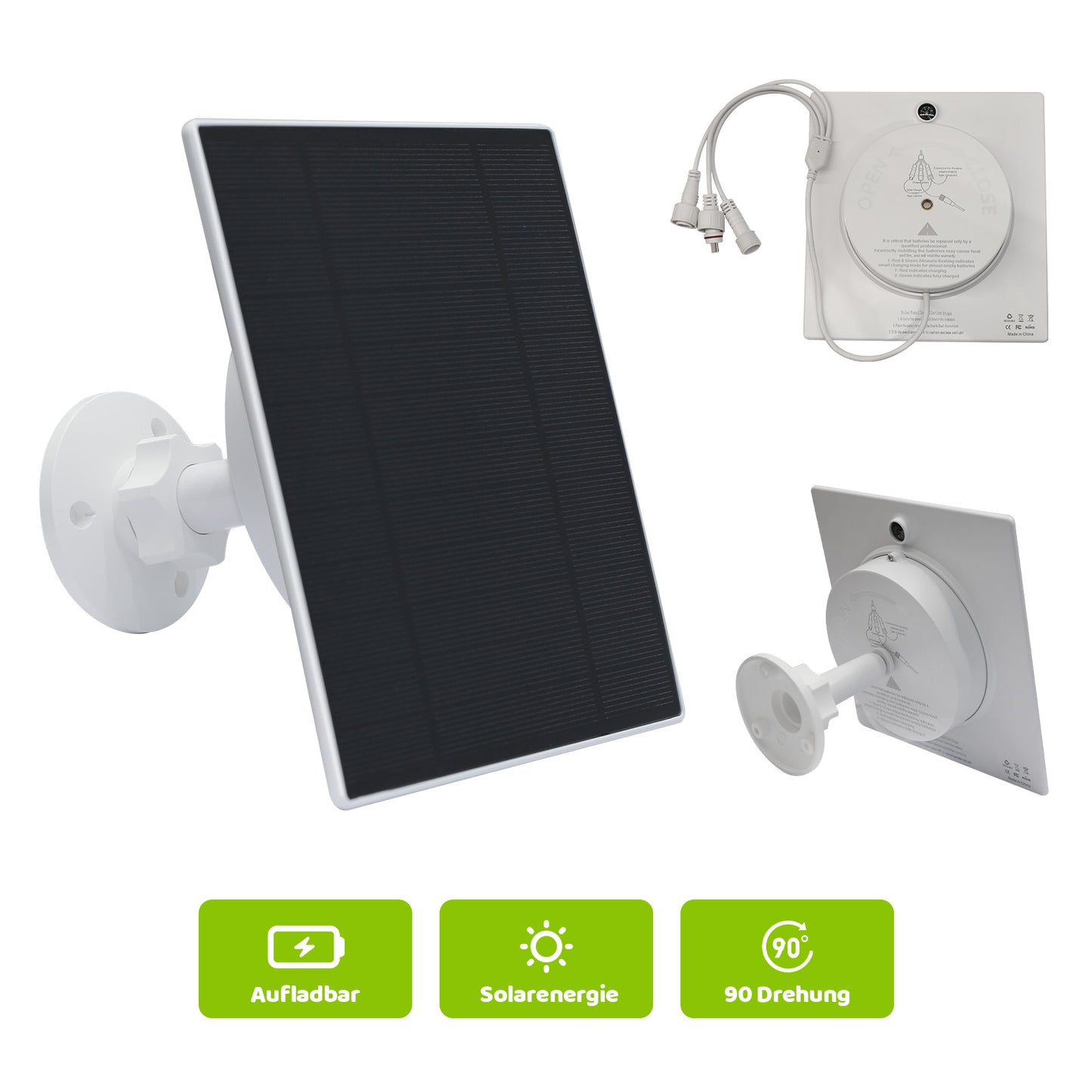 Solarpanel mit Wandhalterung und Anschlusskabel für Vogelhaus-Kamera, aufladbar und 90° drehbar